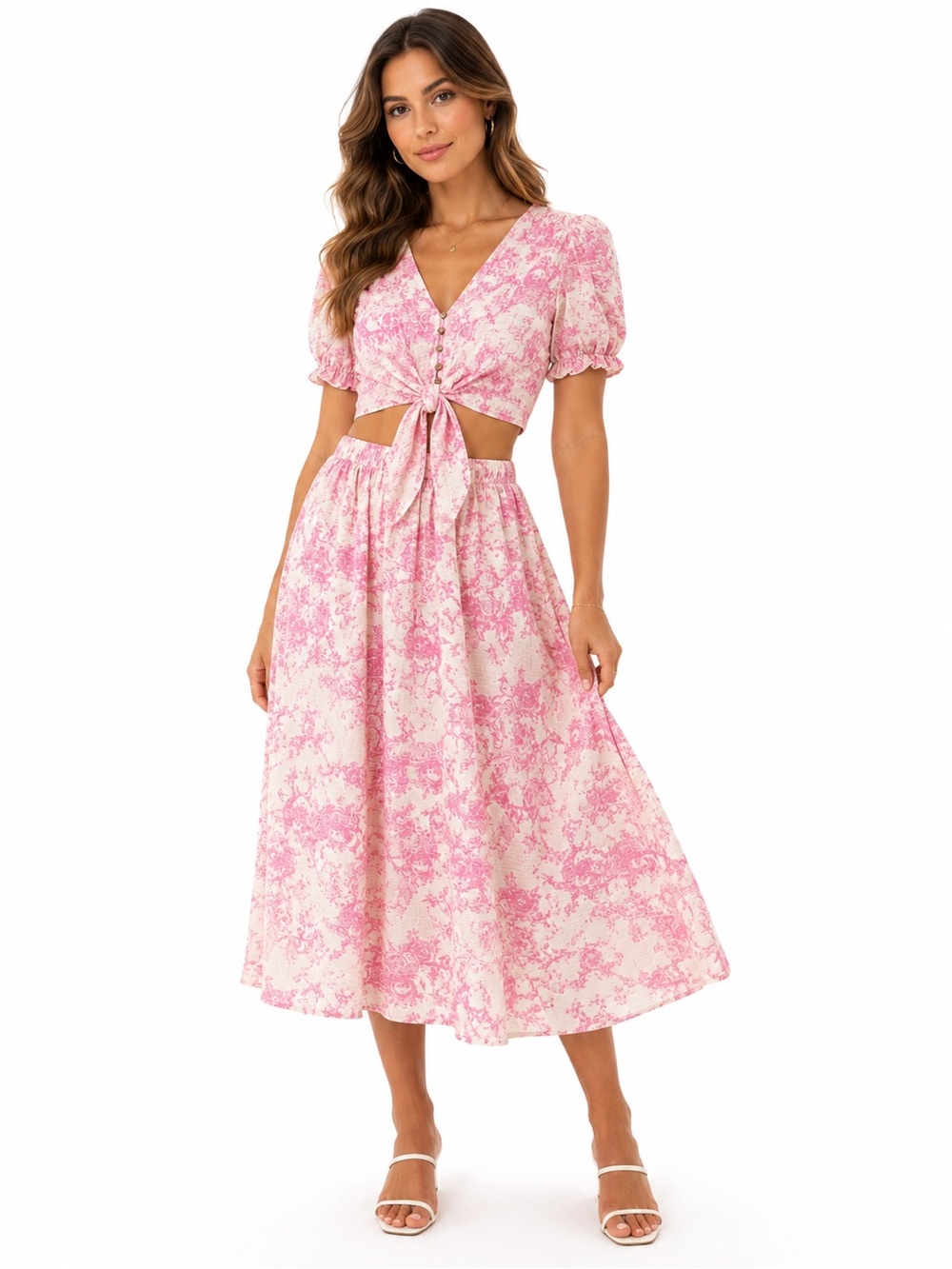 A.PEACH Pink White Toile Tie Front Crop Top & Midi Skirt Set 100% Cotton NWT Lar